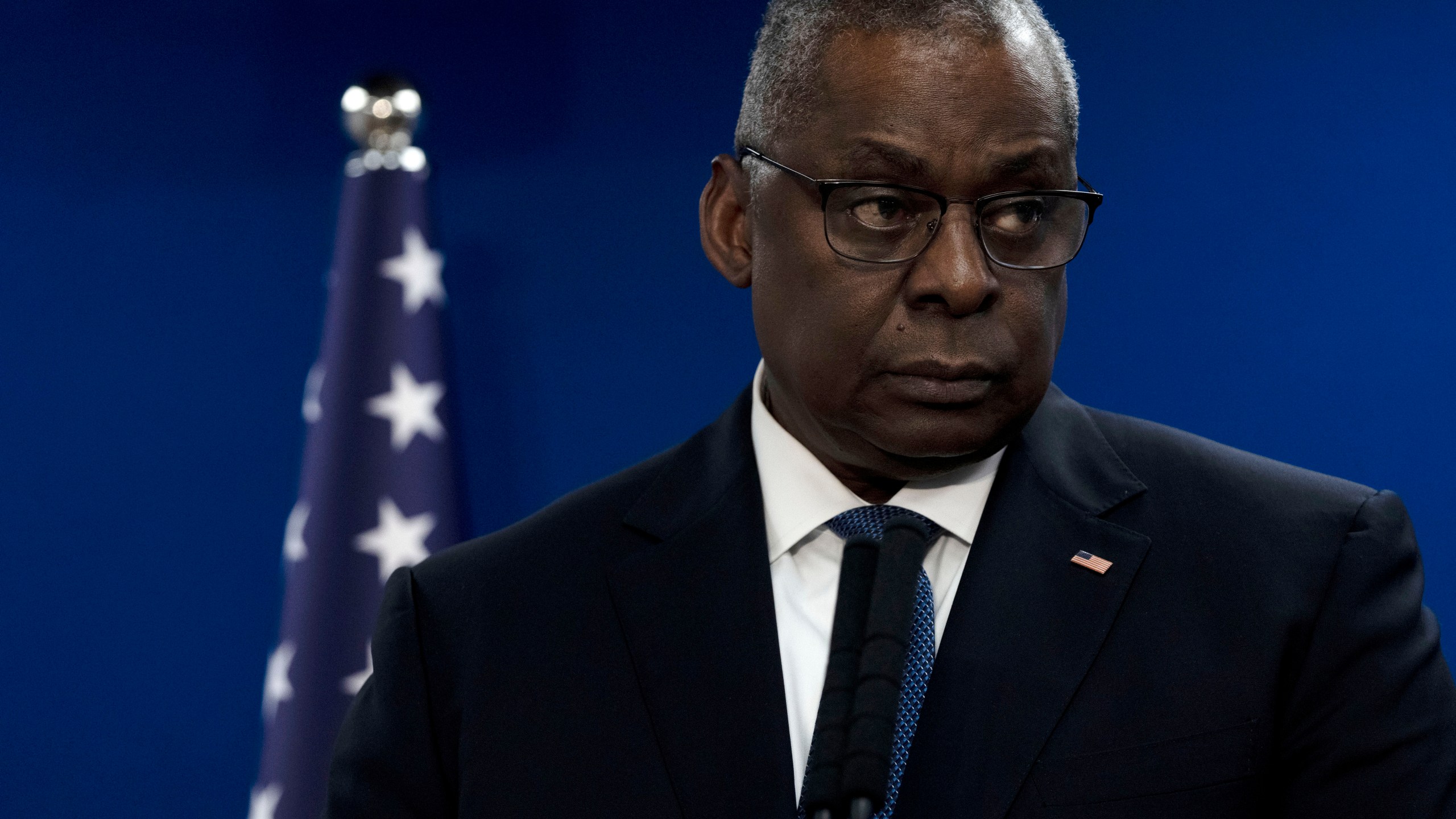 U.S. Secretary of Defense Lloyd Austin makes a joint statement with Israel Minister of Defense Yoav Gallant, after their meeting about Israel's military operation in Gaza, in Tel Aviv, Israel, Monday, Dec. 18, 2023. (AP photo/ Maya Alleruzzo)